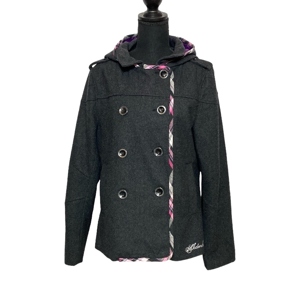 Akadeiks Grey Wool Purple Lining Hooded Button Zipper Jacket Coat XL